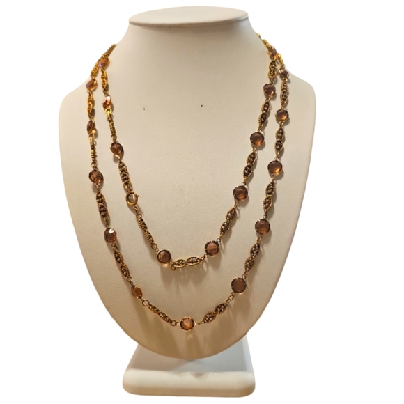 RARE 1930's Vintage Gold Tone Engraved Chain Necklace with 30 Topaz Crystals. - Picture 10 of 10